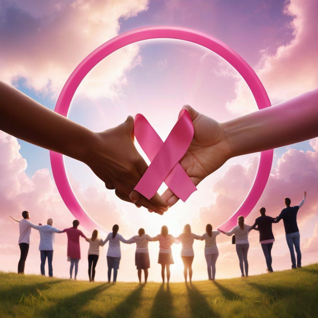 A diverse group of people holding hands in a supportive circle, with warm, comforting colors symbolizing hope and resilience. In the center, a large pink ribbon representing breast cancer awareness glows softly, surrounded by symbols of advocacy like megaphones and medical icons. The background features a serene landscape with soft clouds and sunlight breaking through, signifying positivity and strength in community support. super-realistic. vibrant colors. uplifting atmosphere.