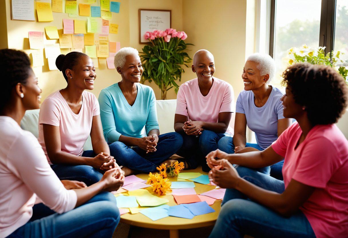 A serene scene depicting a group of diverse cancer survivors sitting together in a sunlit support group setting, sharing smiles and stories. Include elements of strength and unity, like intertwined hands, blooming flowers, and uplifting words on colorful sticky notes. The environment should feel warm and inviting, symbolizing hope and healing. super-realistic. vibrant colors. warm lighting.
