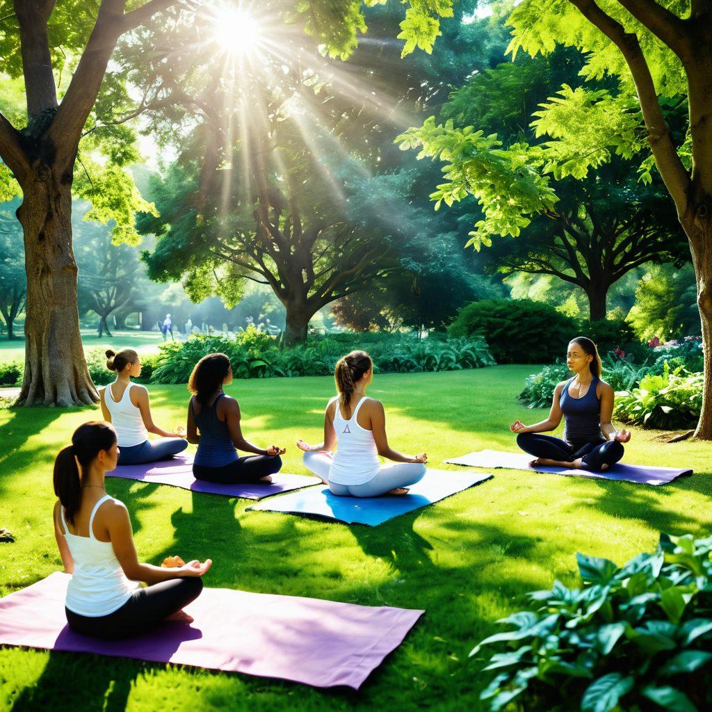 A serene wellness scene featuring a diverse group of people engaging in holistic health practices such as meditation and yoga in a lush green park. Incorporate vibrant fruits and vegetables in the foreground symbolizing nutritional support, with soft sunlight filtering through the trees creating a peaceful ambiance. Include elements like herbal teas and aromatherapy essentials to emphasize holistic care. tranquil and inviting. super-realistic. vibrant colors.